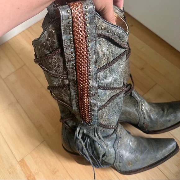 Corral Distressed Gray-Brown Leather Fringe Western Heeled Boots - Picture 4 of 13